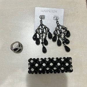 Earring, Necklace, and Ring Black and White Jewlels